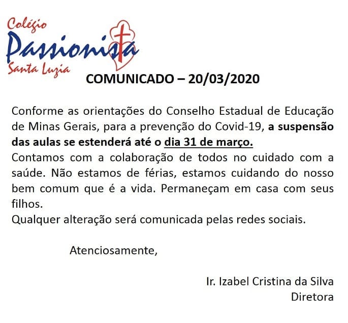 Comunicado - 20/03 Col�gio Passionista Santa Luzia