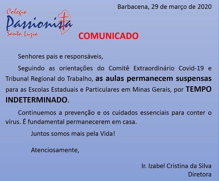 Comunicado - 29/03 Col�gio Passionista Santa Luzia